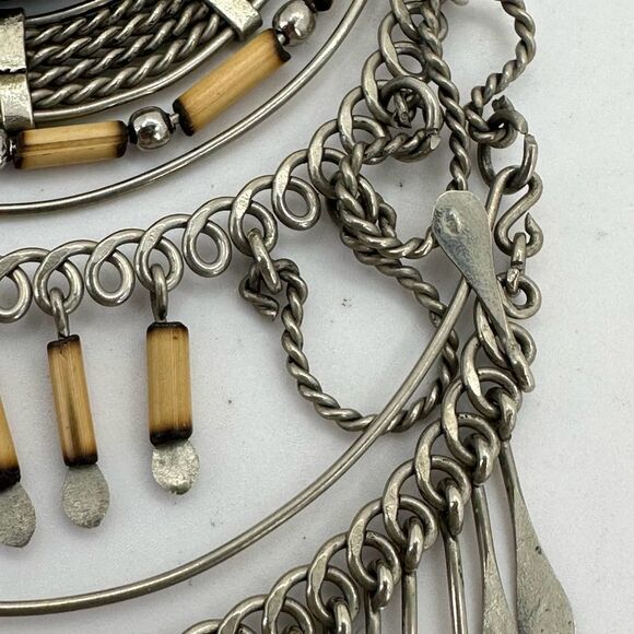 Native Style Dangle Pendant Green Faux Stone Bamboo Stick Silver Fringe - Picture 6 of 9